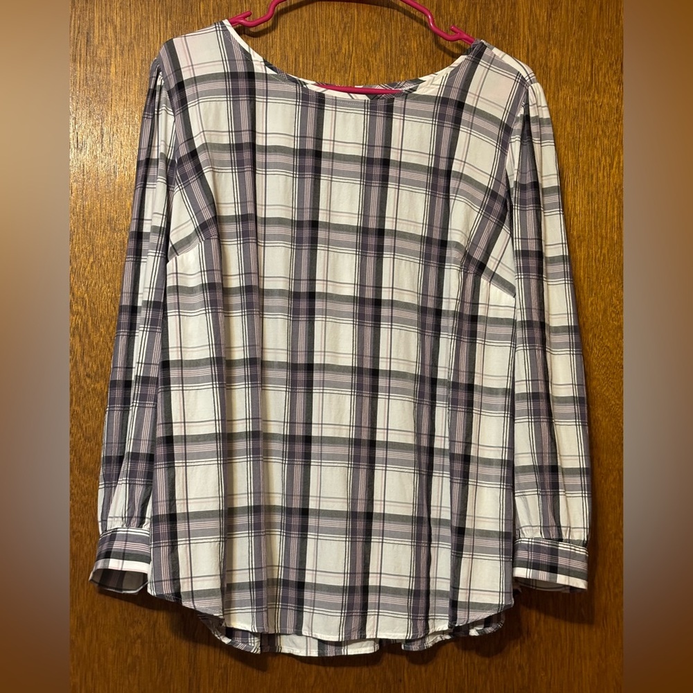 LOFT Black and White Plaid Blouse With Some Purple and Pink- fits as an XXL